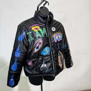 Black Graffiti Print Faux Leather Moto Jacket